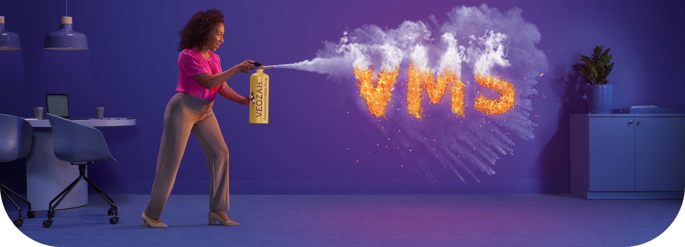 Woman spraying VEOZAHTM (fezolinetant) logo fire extinguisher in office