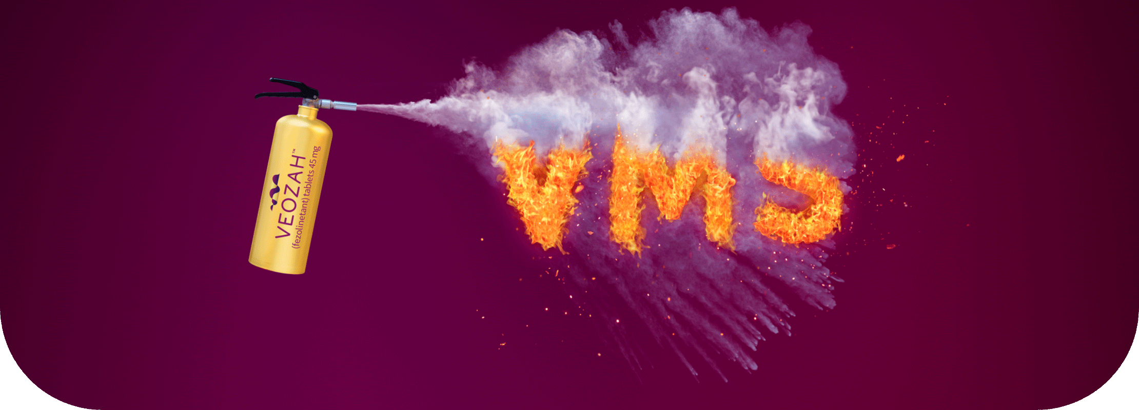 VEOZAHTM (fezolinetant) logo fire extinguisher spraying VMS fire
