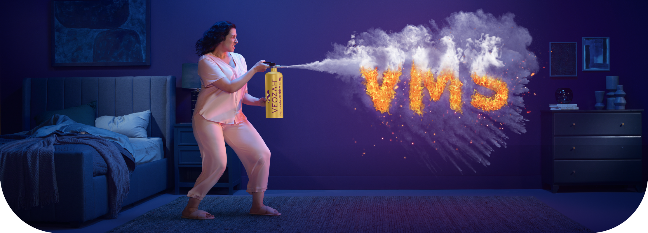 Woman spraying VEOZAH® (fezolinetant) logo fire extinguisher at VMS fire in bedroom 