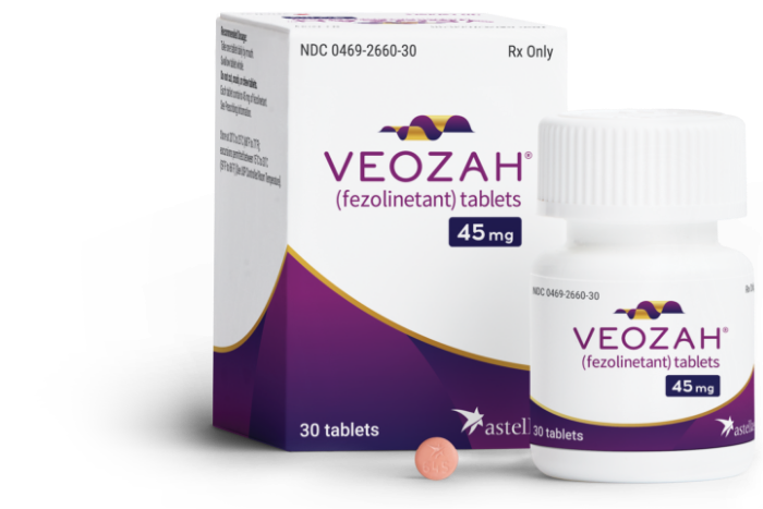 VEOZAH® (fezolinetant)  sample box, sample bottle, and tablet