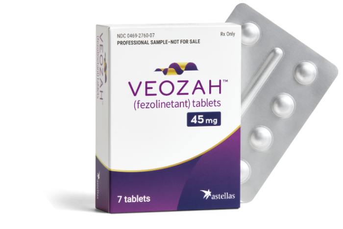VEOZAH® (fezolinetant)  sample box, sample bottle, and tablet