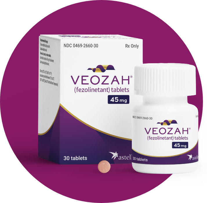 VEOZAH® (fezolinetant)  sample box, sample bottle, and tablet