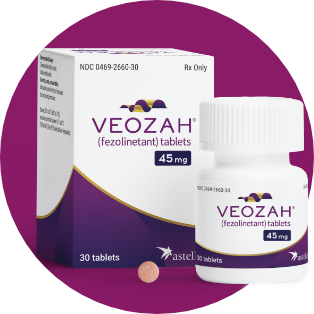 VEOZAH sample box, sample bottle, and tablet 